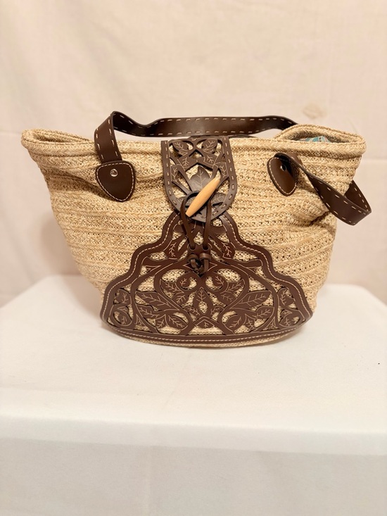 Handbags - Woven Straw Tote with Decorative Brown Leather Overlay